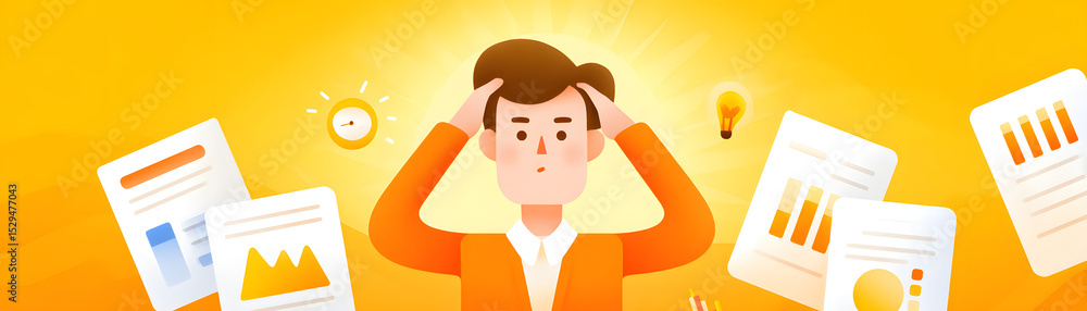 Poster a stressed man surrounded by floating charts and graphs, symbolizing data overwhelm or business pres