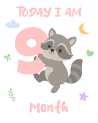 Milestone raccoon illustration. baby nine month celebration. cute monthly milestone art