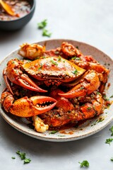 Delicious Spicy Seafood Dish with Fresh Crab on a Rustic Plate