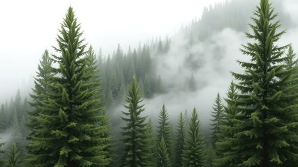Lush evergreen trees ascending into the misty heights, conveying a sense of tranquility, mystery, and the enduring beauty of natural landscapes