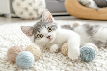 Cute fluffy kitten playing with colorful wool balls on carpet. Bright modern living room interior. Soft light. Curious pet in playful moment. Cozy home atmosphere. Pet care, lifestyle, copy space.
