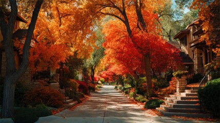 Autumnal Street Scene: Vibrant Fall Foliage in a Residential Neighborhood