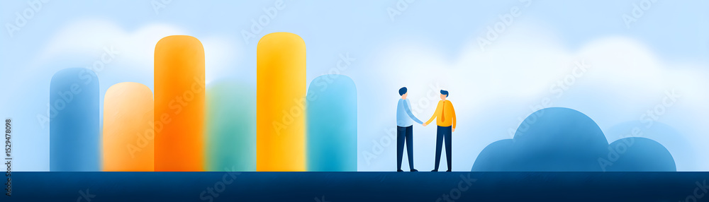 Poster two businesspeople shake hands in front of colorful bar graphs and a cloud, symbolizing partnership 