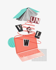 Surreal art collage. Letters burst out from laptop and spiral up toward open book in playful layout...