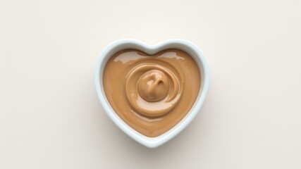 Creamy nut butter filling a heart-shaped bowl, presented on a solid, simple backdrop suggesting homemade snacks, healthy eating, and a focus on nutrition