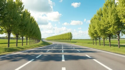 Obraz premium Road disappearing to the horizon lined with trees and open fields under a bright cloudy blue sky.