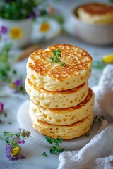 Delicious Stack of Homemade Pancakes with Fresh Herbs and Flowers