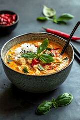 Delicious Spicy Soup with Rice and Fresh Herbs in Rustic Bowl