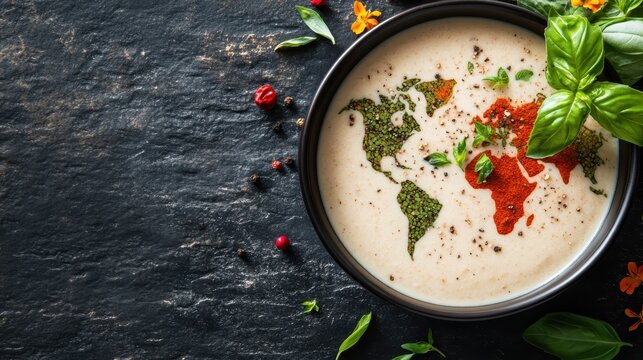 A creatively plated gourmet dish depicting a world map design with spices, symbolizing culinary art and the global fusion of flavors and ingredients on a beautiful surface.