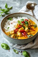 Flavorful Chicken Curry with Rice and Fresh Herbs in Bowl