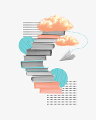 Abstract collage. Books stacked like stairs with clouds at top and flying paper plane, creating poetic pathway of knowledge and inspiration. Concept of imagination, learning journey, storytelling.
