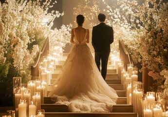 Grand Wedding Entrance of Bride and Groom Amid Luxury Floral Arrangements