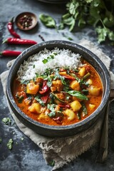 Aromatic Vegetable Curry with Rice and Fresh Herbs on Rustic Table