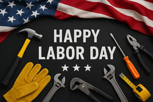 Happy labor day with tools and american flag background