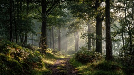 Mystical Forest Path: Sunbeams through Ancient Trees