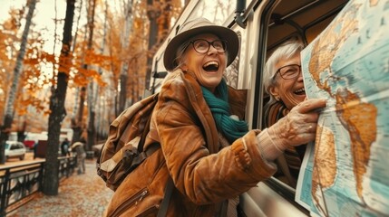 Joyful retired couple exploring in camper van, smiling and planning their adventure at sunset