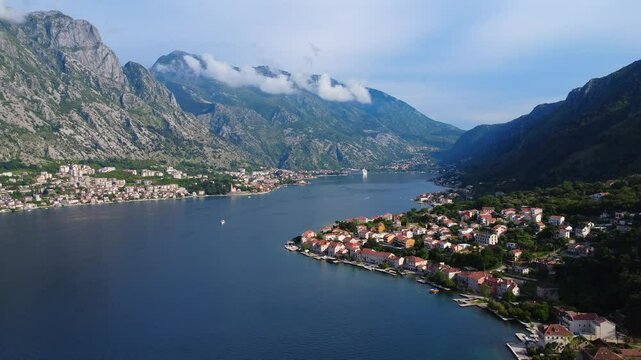 Aerial Drone View of Boka Kotor Bay at Sunset Scenic Coastal Mountains and Tranquil Seascape