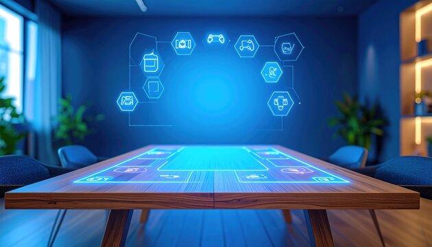Futuristic meeting room with glowing table and icons