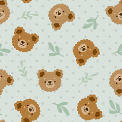Cute hand-drawn teddy bears on a pastel mint green forest color with polka dot texture, seamless pattern background.