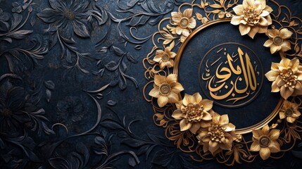 Gold Calligraphy with Floral Frame on Dark Background