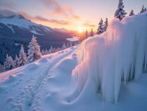 Sunlit Ice Formations on Snowy Mountain Trail at Sunset Nature's Winter Art,generic, original character, no logo, no branding