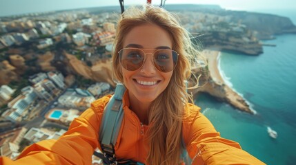 A blonde woman enjoys an exhilarating paragliding experience over a stunning coastal landscape, capturing the thrill and beauty of adventure in nature.