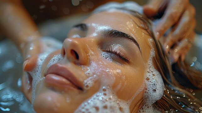 An intimate moment capturing a woman enjoying a relaxing hair wash, surrounded by bubbles and soothing water, evoking feelings of calm and pampering.