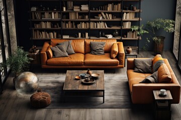 A cozy and stylish living room featuring leather sofas, a rustic wooden coffee table, bookshelves filled with books, and greenery, depicting a warm and inviting atmosphere.