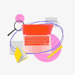 Modern artwork. Bright red laptop with floating book, ruler and magnifier, surrounded by abstract...