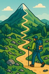 Vibrant Hiker Trekking Along Winding Pathway Near Mountain Peak