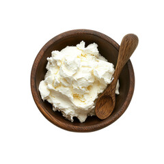 Creamy Mascarpone Cheese in Wooden Bowl with Spoon