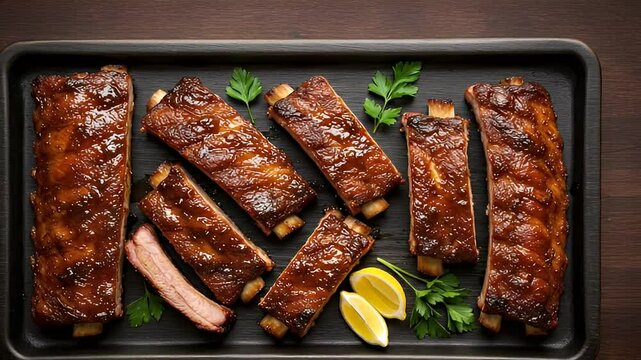 Overhead View Of Bbq Ribs with Lemon Garnish on Dark Brown Tray At Restaurant in Studio Shot