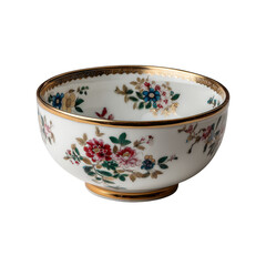 A porcelain bowl with floral design and gold trim on a black background in a studio setting view