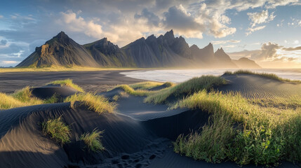 Fototapeta premium Vivid coastal scenery in Iceland showcases the beauty near Stokksnes cape and Vestrahorn Mountain, where black sand dunes shimmer in the sunâ€™s rays