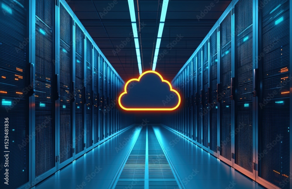 Leinwandbilder Orange glowing cloud icon hovering in a blue-lit data center aisle filled with server racks, ideal for illustrating cloud storage, network computing, and secure digital infrastructure themes