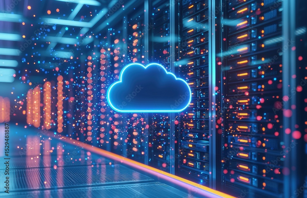 Aufkleber blue neon cloud icon floating among glowing data particles in a vibrant high-tech server room, repre