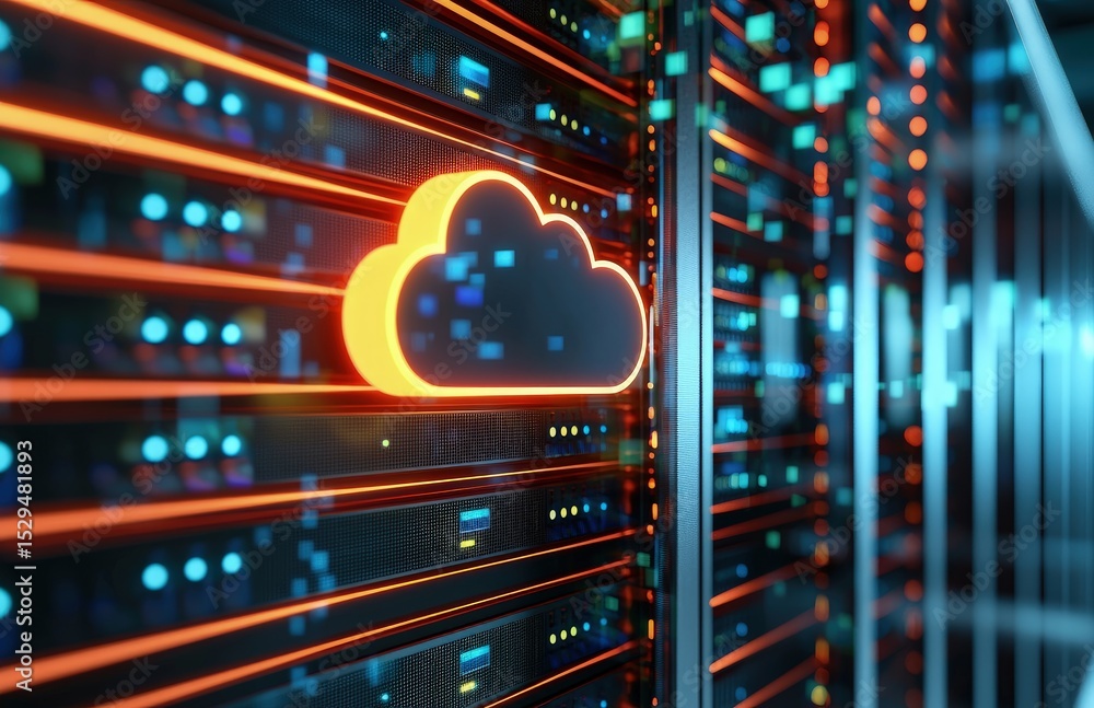 Aufkleber Bright orange and yellow cloud icon embedded in high-tech server racks with glowing lights and floating data blocks, ideal for cloud services, network infrastructure, or digital platform visuals