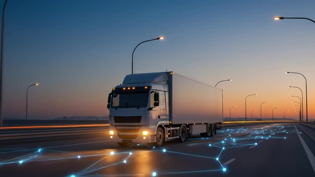 A large truck drives along a highway illuminated by streetlights at dusk. The horizon glows with warm colors, showcasing a blend of technology and transportation in motion