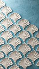 Elegant repeating pattern of white ginkgo leaf reliefs against a textured blue background