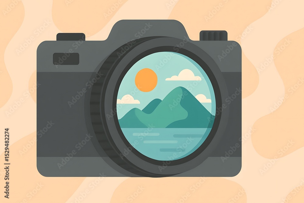 Poster camera with landscape view in lens against soft color background