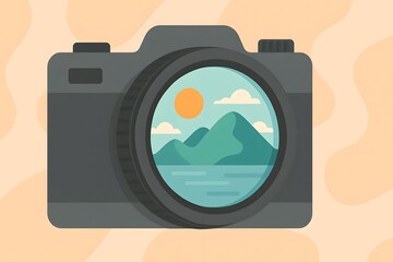 Camera with Landscape View in Lens Against Soft Color Background