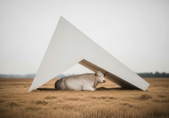 Cow resting modern shelter in field