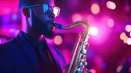 Jazz Musician Playing Saxophone Under Neon Lights