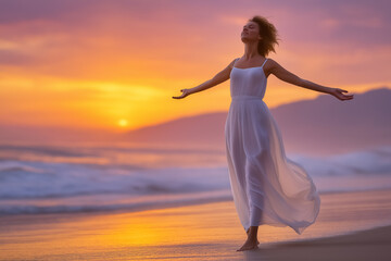 Woman stands on sandy beach with arms outstretched, rejoicing in vibrant sunset colors. Calm ocean waves create soothing backdrop, evoking feelings of freedom