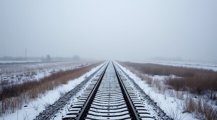 Railroad tracks in winter fog