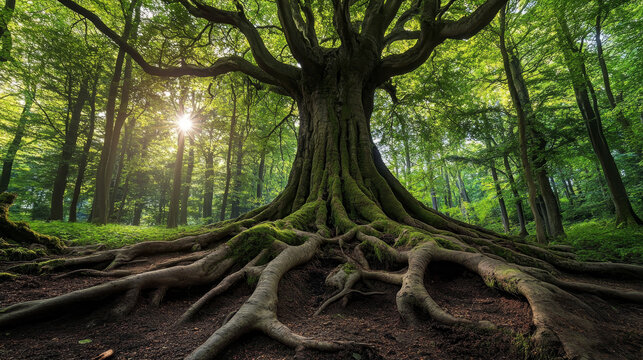 A monumental ancient tree dominates the forest with its thick trunk and sprawling roots protruding above the earth