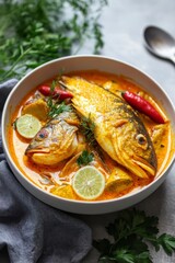 Delicious traditional fish curry served in bowl with spices