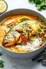 Delicious Fish Curry with Rice and Fresh Herbs in a Bowl