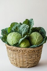 Fresh Green Cabbage in Woven Basket with Natural Background