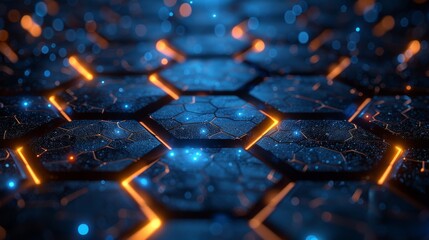 A mesmerizing close-up of hexagonal patterns with glowing elements creates an abstract background that exudes a sense of technology and modern aesthetic.
